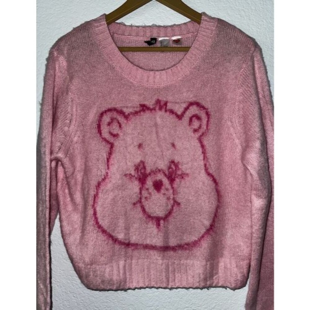 Care Bears Sweater H&M Divided Womens Large Pink Fuzzy Bear Graphic Knit Pullove